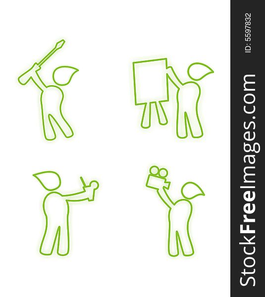 Character green icons, that represent workshop, presentations, retreats and webcast.