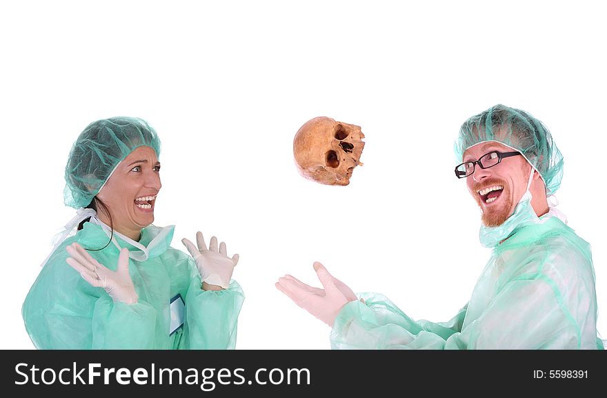 Surgeon with skull and shouting shocked healthcare worker. Surgeon with skull and shouting shocked healthcare worker