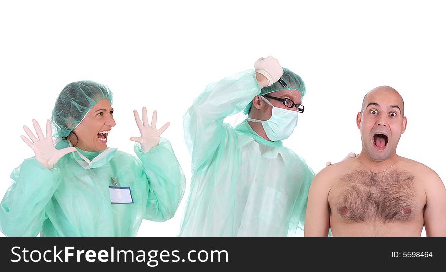 Aggressive surgeon injecting a scare patient and shouting shocked healthcare worker. Aggressive surgeon injecting a scare patient and shouting shocked healthcare worker