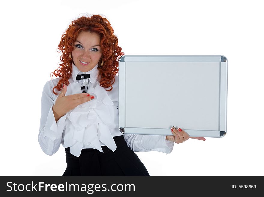 Beautiful young girl showing a blank board. Place for text