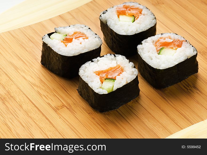 Sushi on bamboo plate