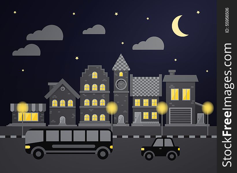 Flat City Night Vector Illustration