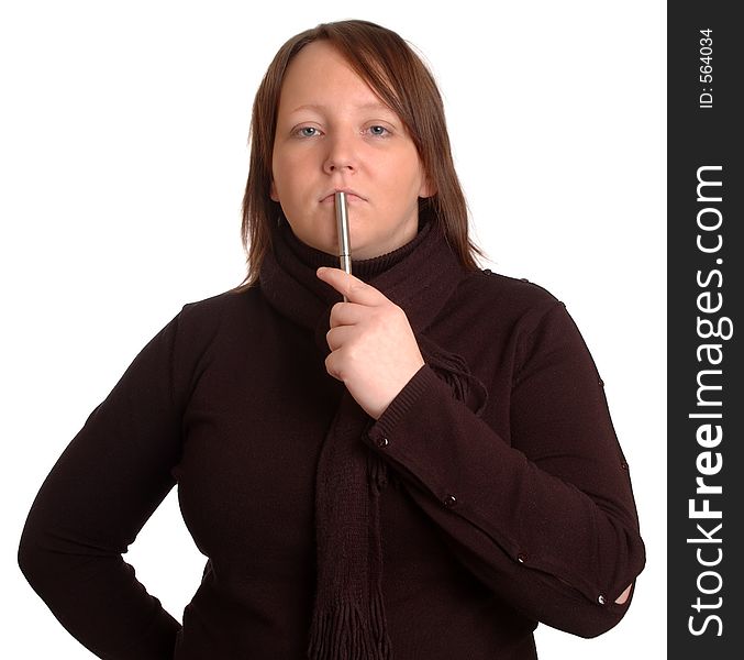 Woman holding a pen, thinking. Woman holding a pen, thinking.