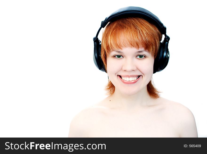 Young Girl Listen Music In Head Phones