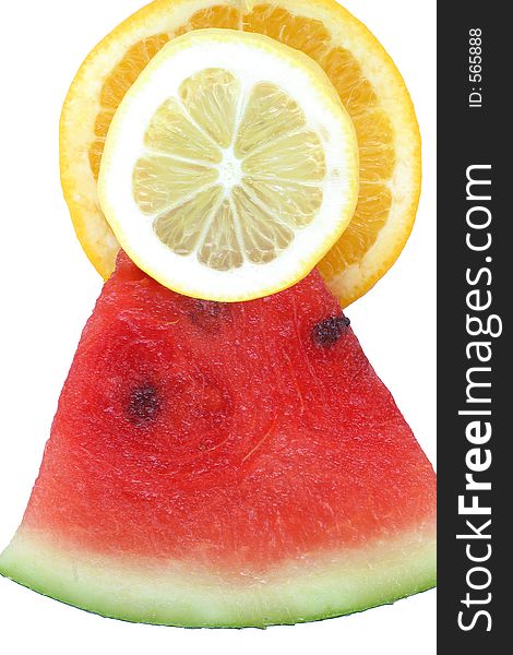 Healthy sweet & sour sunshine fruit pyramid, Orange, lemon, watermelon