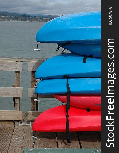 Rental sea kayaks on a pier in Capitola.