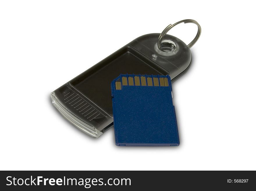 Blue SD Memory Card and Black Keychain on white background. Blue SD Memory Card and Black Keychain on white background.