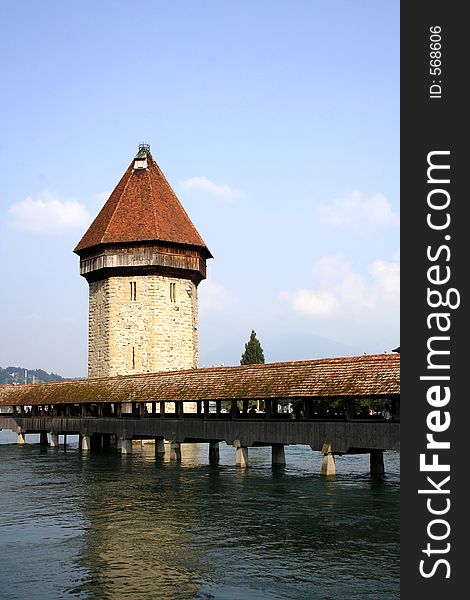 Digital photo of the famous chapel-bridge in Lucerne in switzerland. The bridge was build in the year 1365, it is the oldest and longest (204 m) bridge with a roof in europe.