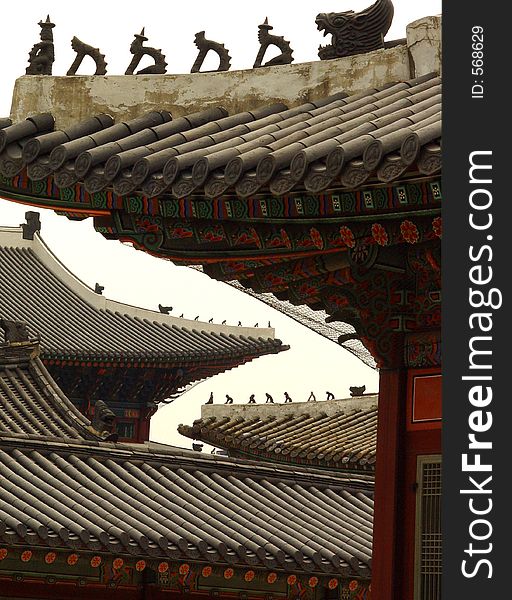 South Korea, Seoul, roofs of Gyeongbokgung palace. South Korea, Seoul, roofs of Gyeongbokgung palace