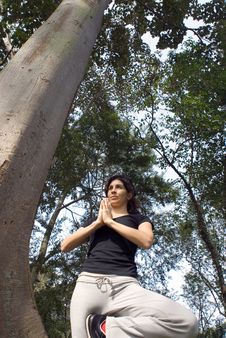 Woman In Yoga Pose Next To Tree In Park - Vertical Royalty Free Stock Photo Woman In Yoga Pose Next To Tree In Park - Vertical Royalty Free Stock Photo