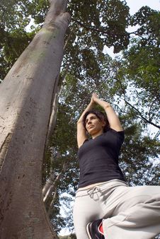 Woman In Yoga Pose Next To Tree In Park - Vertical Stock Photography Woman In Yoga Pose Next To Tree In Park - Vertical Stock Photography