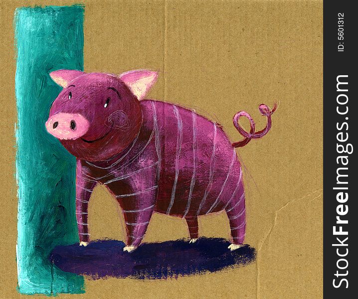Acrilic on paper funny striped pig