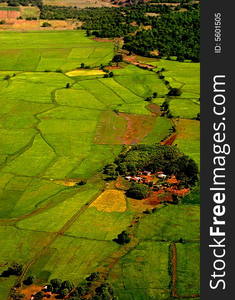 Eys bird view of madagascar, village, fields and roads. Eys bird view of madagascar, village, fields and roads