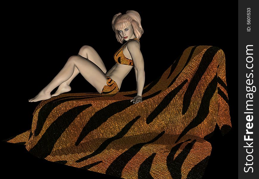 Seductive young lady in tiger skin bikini, 3 dimensional model, computer generated image. Seductive young lady in tiger skin bikini, 3 dimensional model, computer generated image.