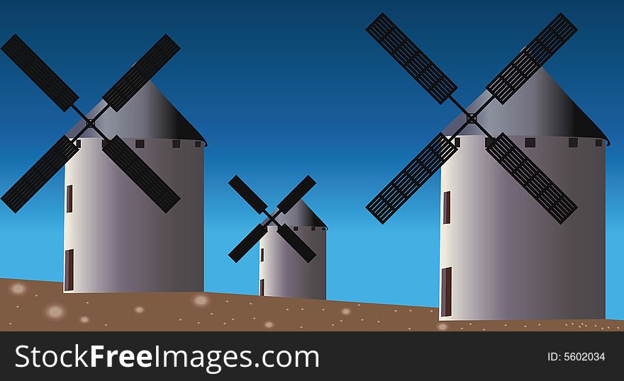 Three Windmills In Field