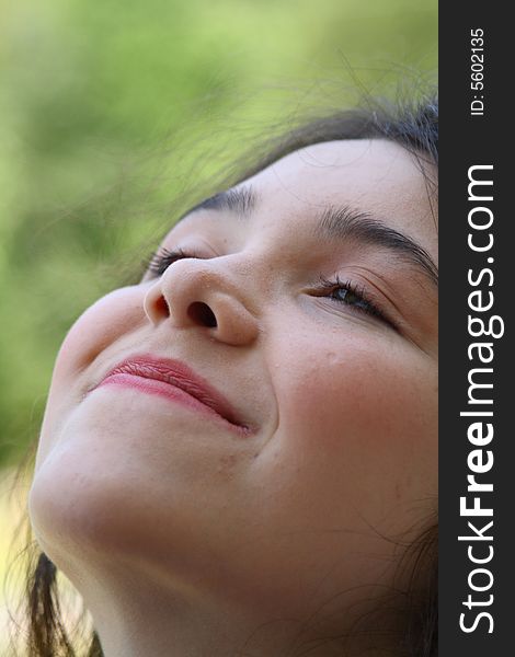 Young Woman Happy Smile  Daydreaming Looking Up