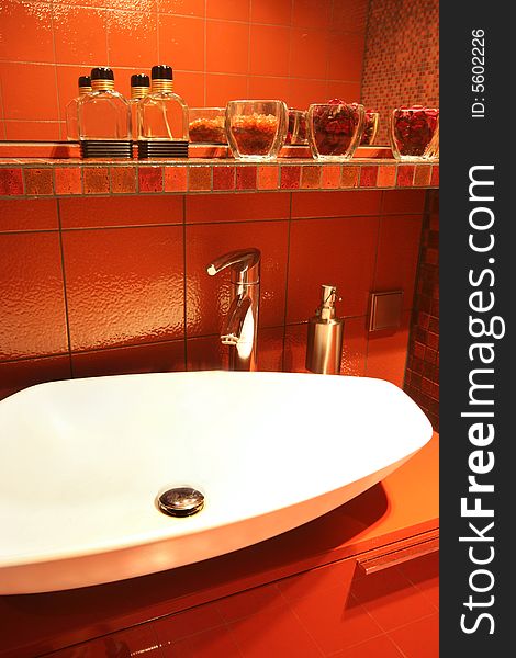 Interior of red modern toilet. Interior of red modern toilet