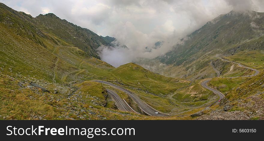 Panoramic view of the Transfagarasan motorway in the Fagaras mountains, Romania. Panoramic view of the Transfagarasan motorway in the Fagaras mountains, Romania.