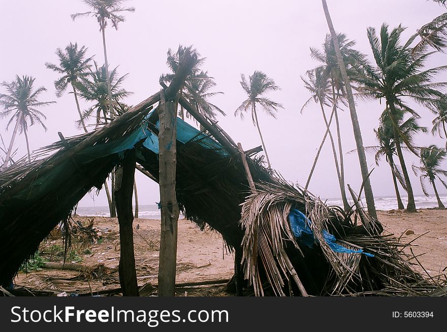 A common fisherman shelter for rains on beach of goa, india