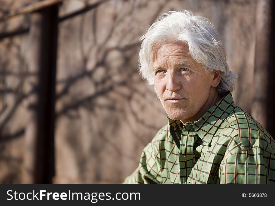 Handsome man with gray hair and a green shirt