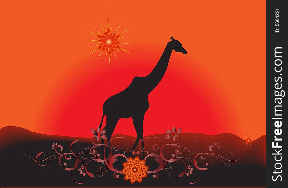Silhouette of a giraffe on a background of a decline