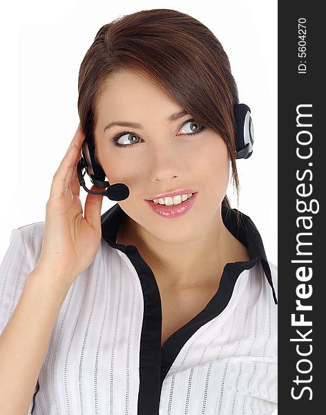 Customer Representative with headset smiling during a telephone conversation. Customer Representative with headset smiling during a telephone conversation