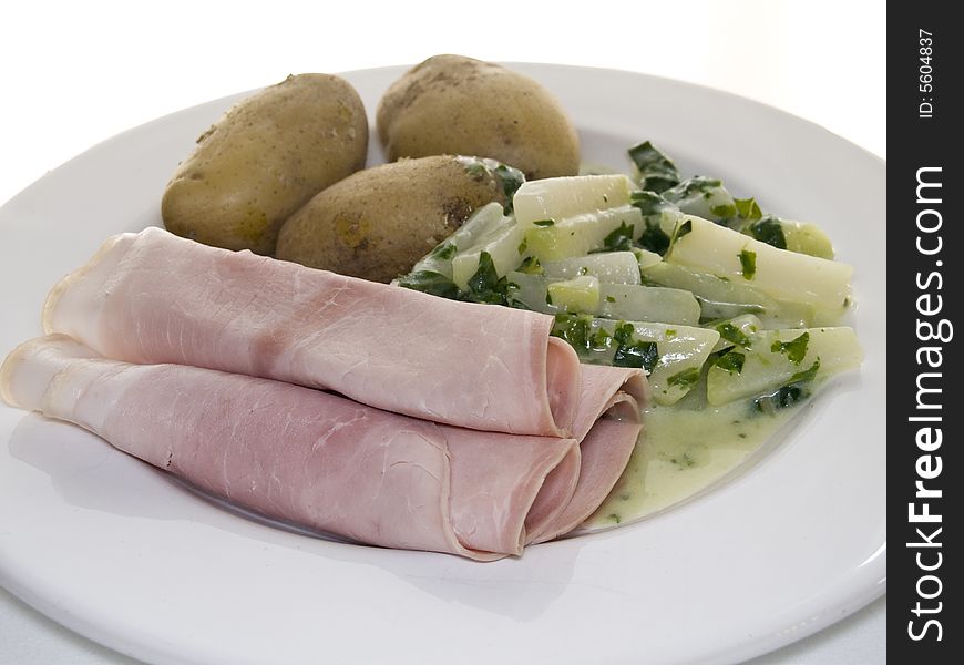 Cooked ham with stem cabbage and potatoes. Cooked ham with stem cabbage and potatoes