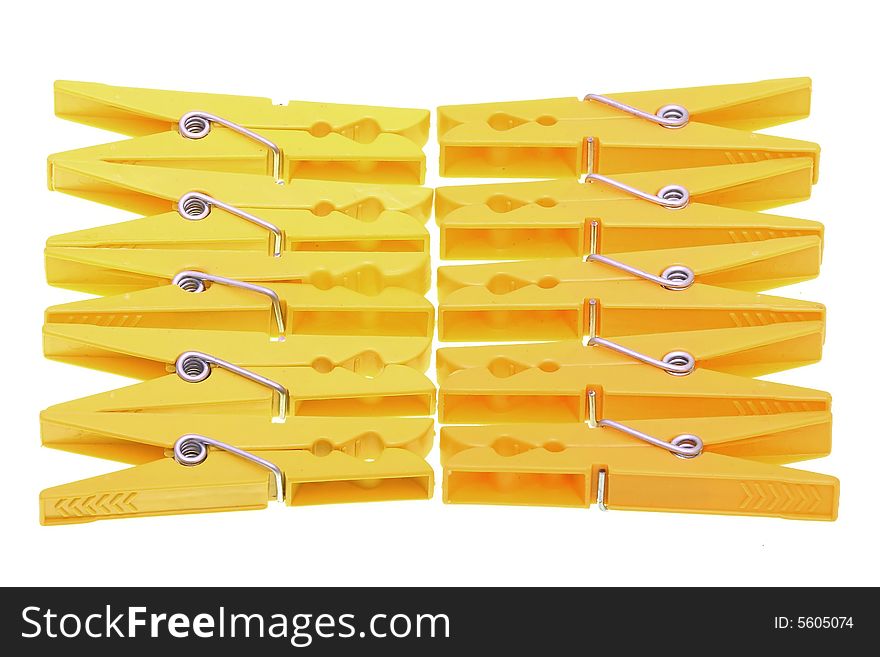 Close up of plastic clothespins isolated on white background