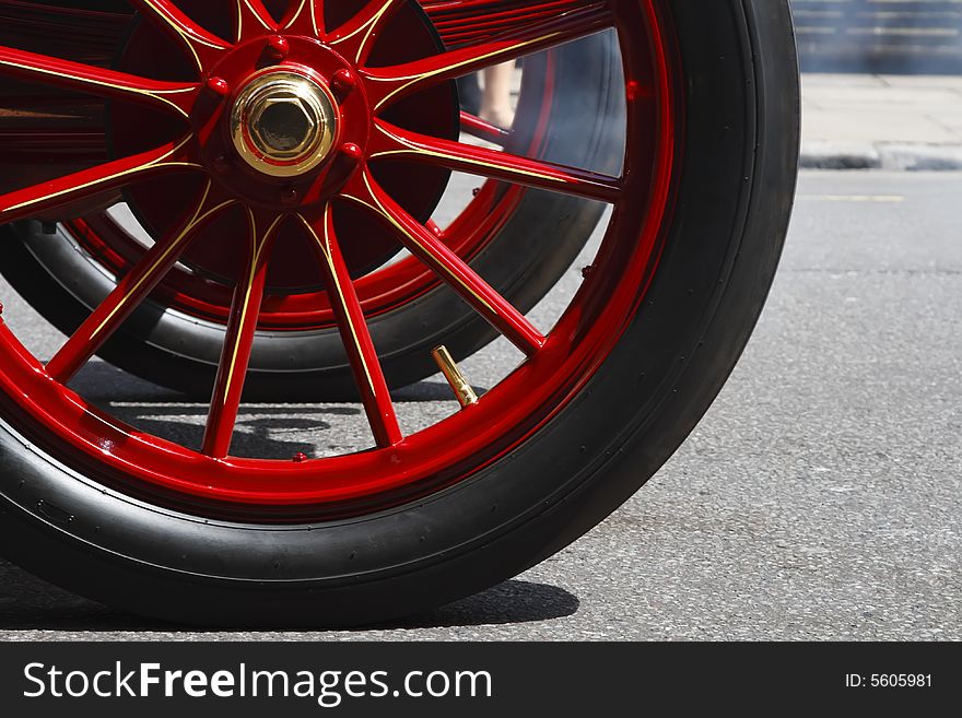 Retro Car Wheel Red On Road