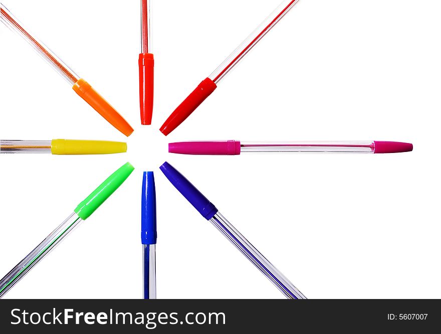 Colored ballpoint pens on white background. Colored ballpoint pens on white background