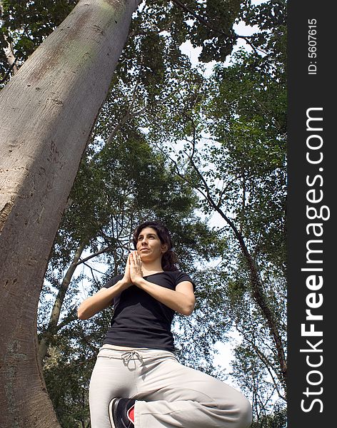 A young, attractive woman is standing next to a tree in a park.  She is performing yoga and stretching.  The camera is looking up at her, and she is looking away from it.  Vertically framed photo. A young, attractive woman is standing next to a tree in a park.  She is performing yoga and stretching.  The camera is looking up at her, and she is looking away from it.  Vertically framed photo.