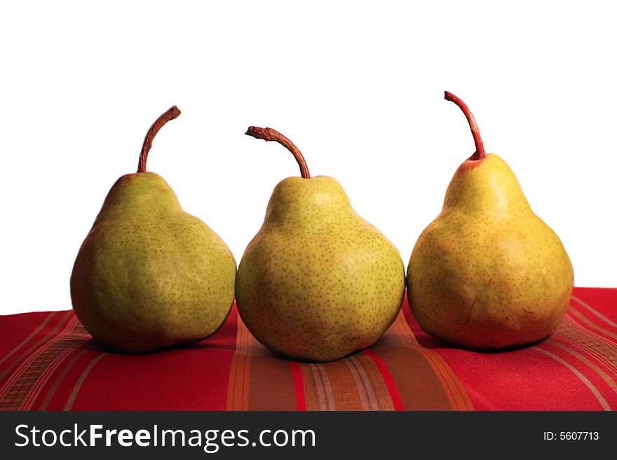 Pears set up with various backgrounds on various fabrics