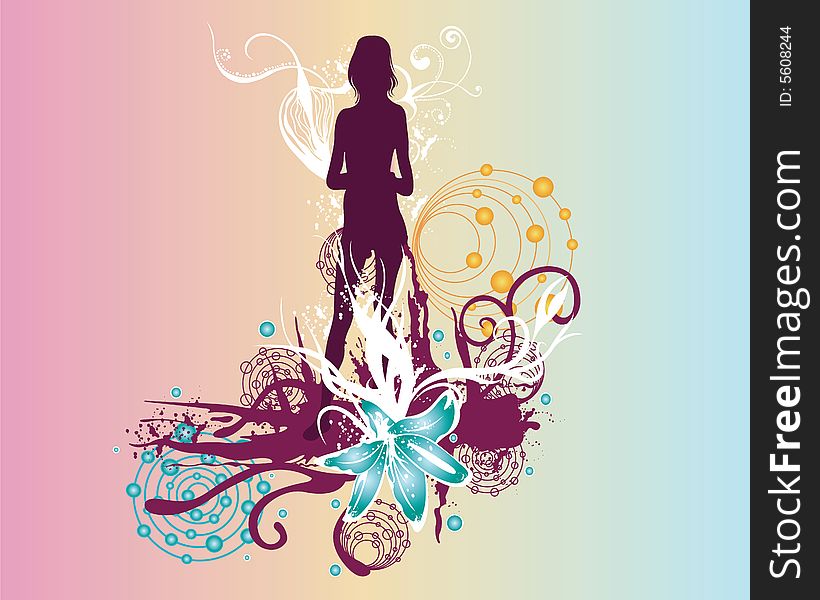 Illustration of a female silhouette and decorative patterns