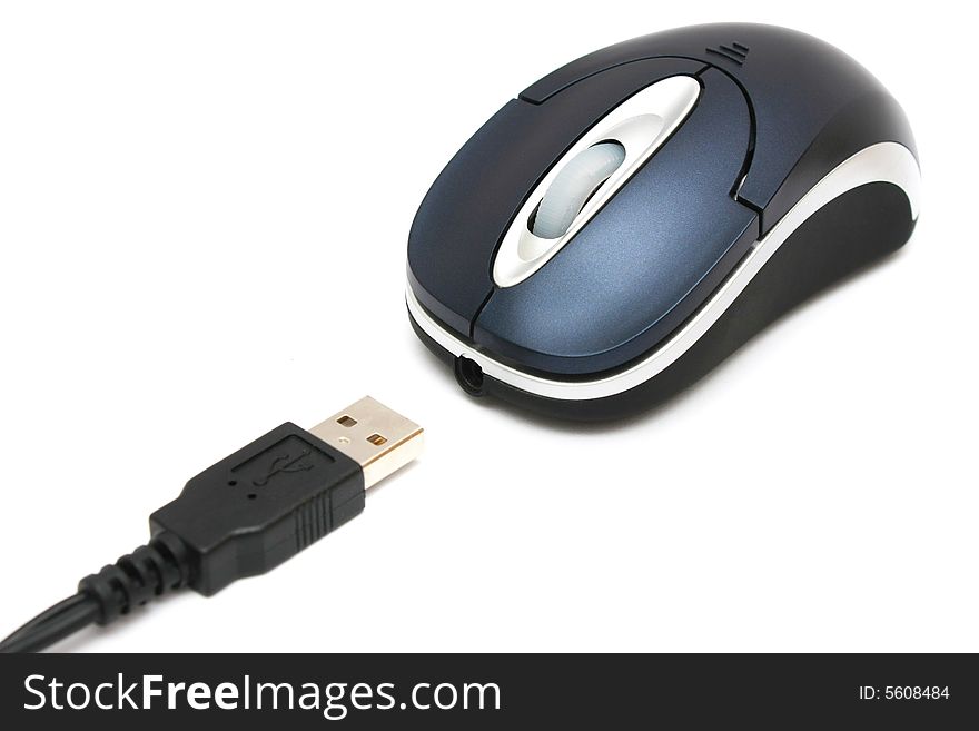 Wireless mouse and USB port isolated on white background.