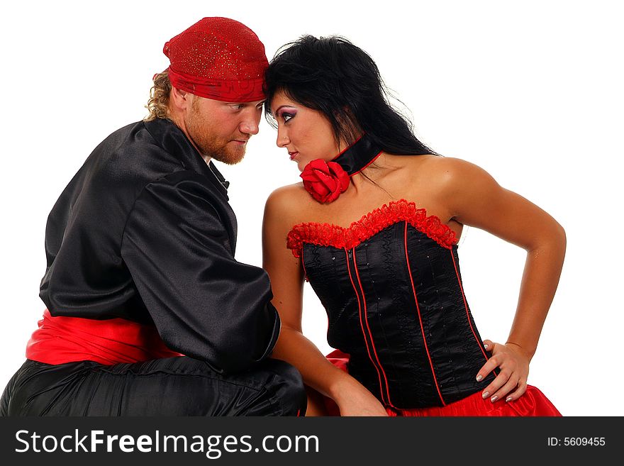 The strong man and the passionate woman on a white background