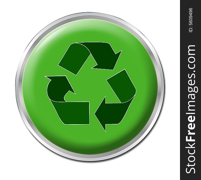 Green button with the symbol for recycling. Green button with the symbol for recycling