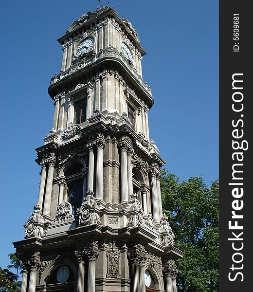 Beautiful baroque style clock tower of Dolmabahce palace in Istanbul. Beautiful baroque style clock tower of Dolmabahce palace in Istanbul