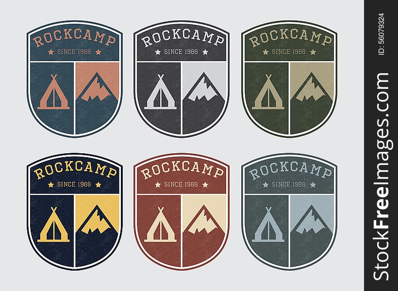 Badge Logo Camp With Rock And Tent. Vintage Style, Different Colors.