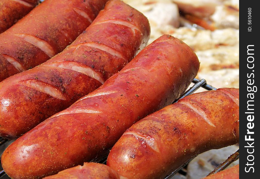 Sausages on the barbecue in spring