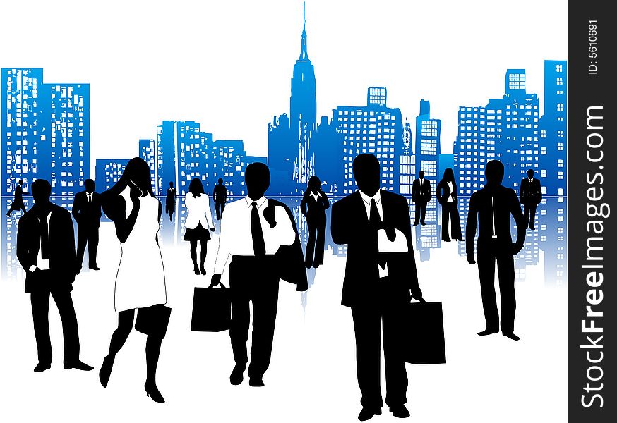 Illustration of business people and city