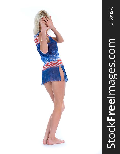 Beautiful girl in dress from the American flag. Beautiful girl in dress from the American flag
