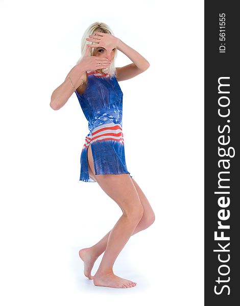 Beautiful girl in  dress from the American flag