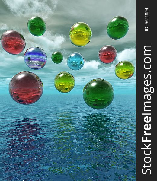 Multicolor rising balls from sea surface.