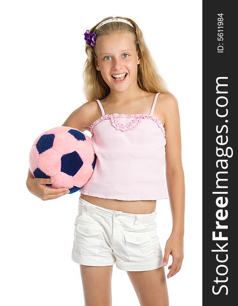 Young pretty girl with fur toy soccer ball