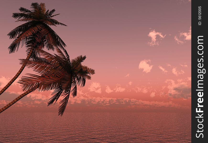 Sunset coconut palm trees on small island - graphic illustration.