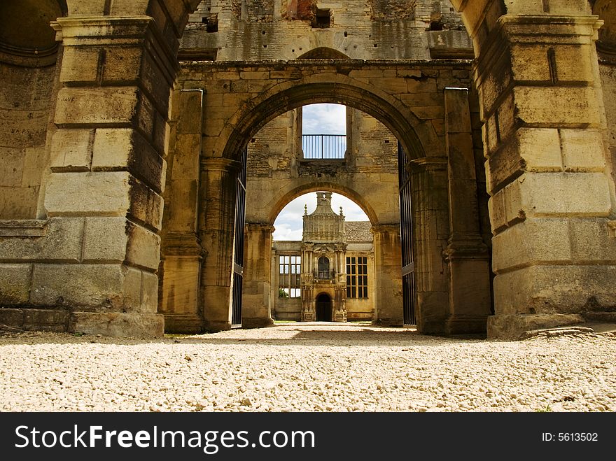 The arched approach to the remains of an Elizabethan mansion. The arched approach to the remains of an Elizabethan mansion