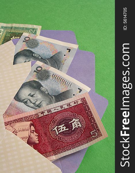 Bank notes in envelopes in green background. Bank notes in envelopes in green background