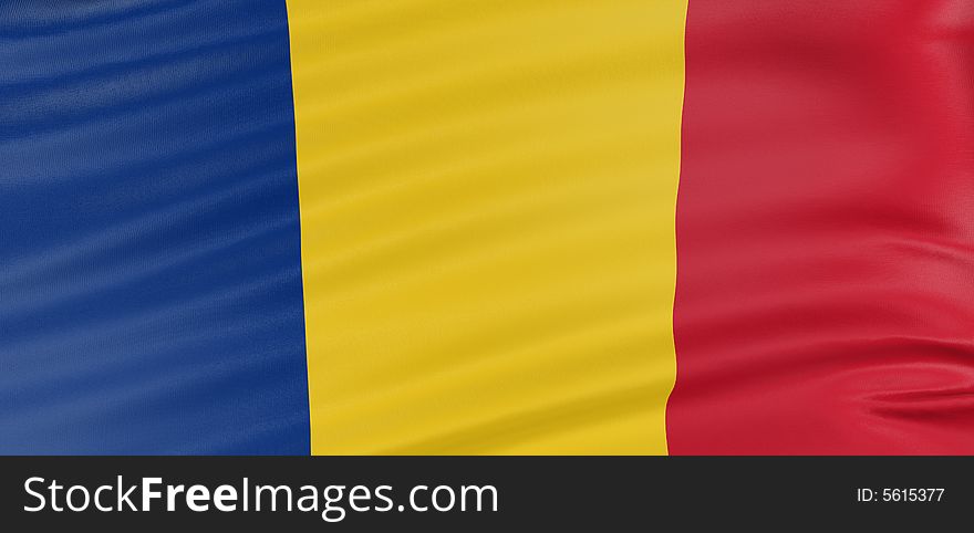 3D Romanian flag with fabric surface texture. White background.