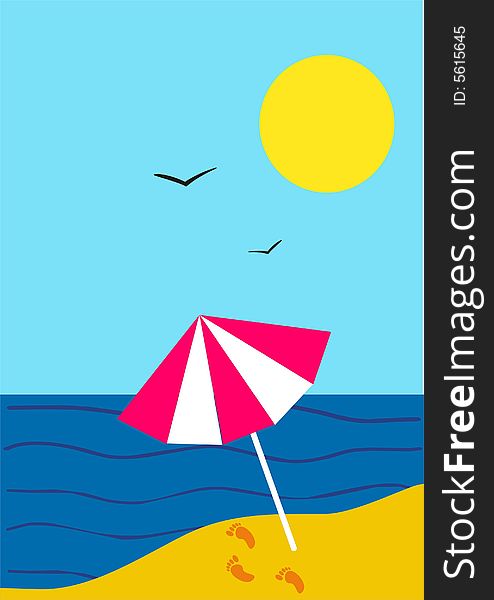 Illustration of beach umbrella and sea
