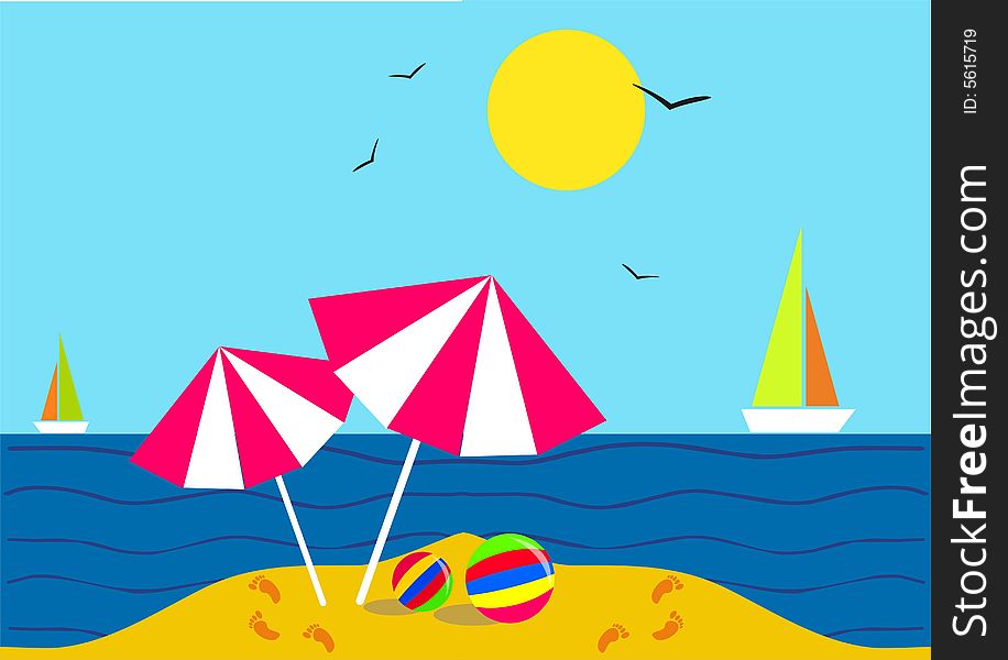 Illustration of beach ,boat and umbrella. Illustration of beach ,boat and umbrella
